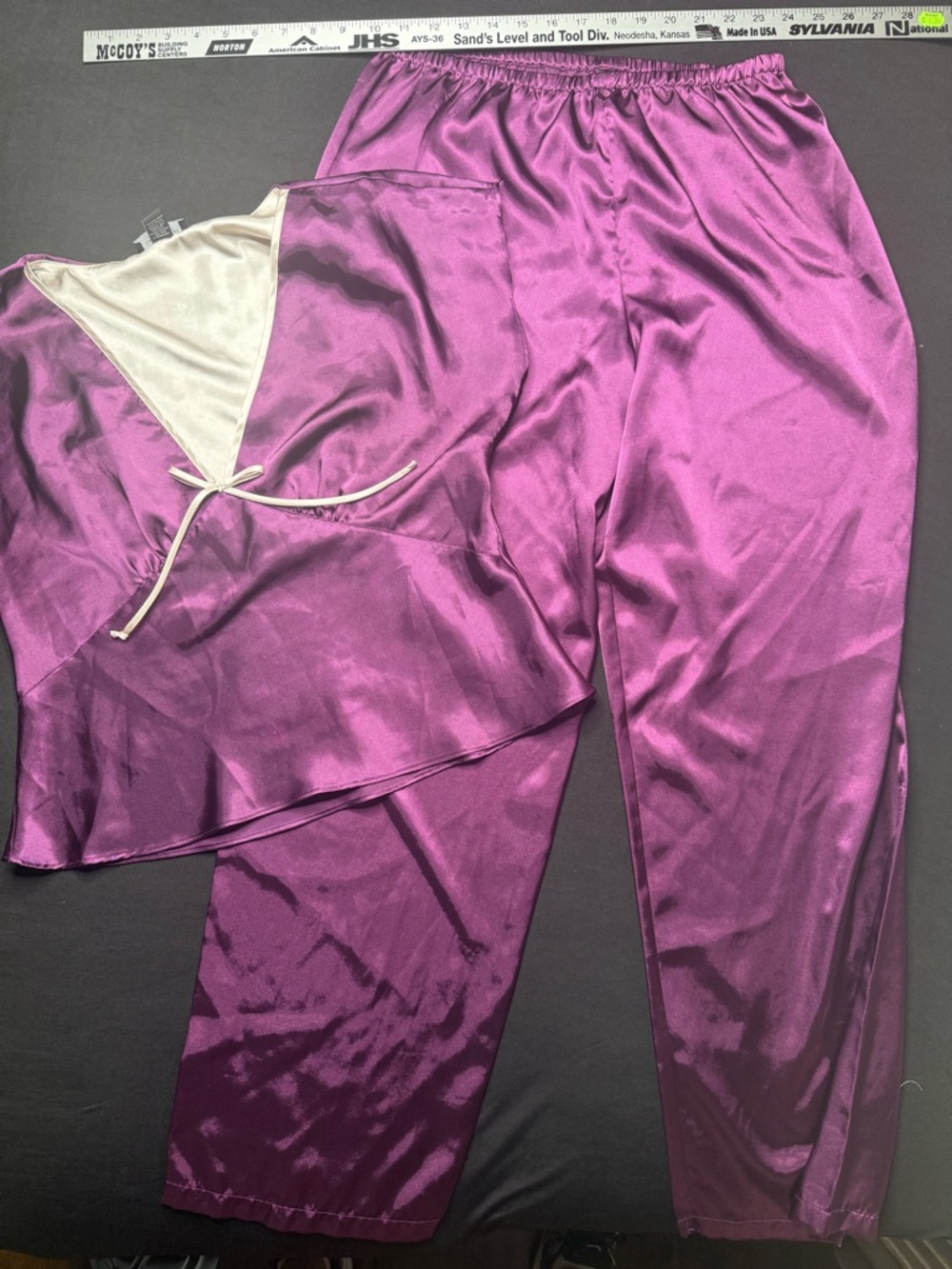 Jones New York Satin Two-Piece Pajama Set in Purple with Cream Trim size S